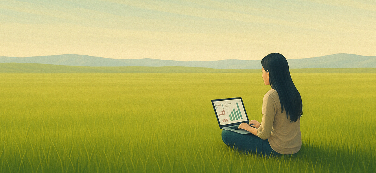 A woman with long black hair sitting cross-legged on a wide, vibrant green grassy landscape, looking at her Mac laptop. The woman appears slightly more distant, enhancing the sense of a vast landscape. The laptop screen displays abstract and colorful graphics simulating data or analytics. The illustration has an artistic watercolor touch with refined details. The woman is wearing a shirt that harmonizes with the color palette. The style features soft, saturated colors with prominent greens and a pastel sky. The woman is right-aligned in the composition.